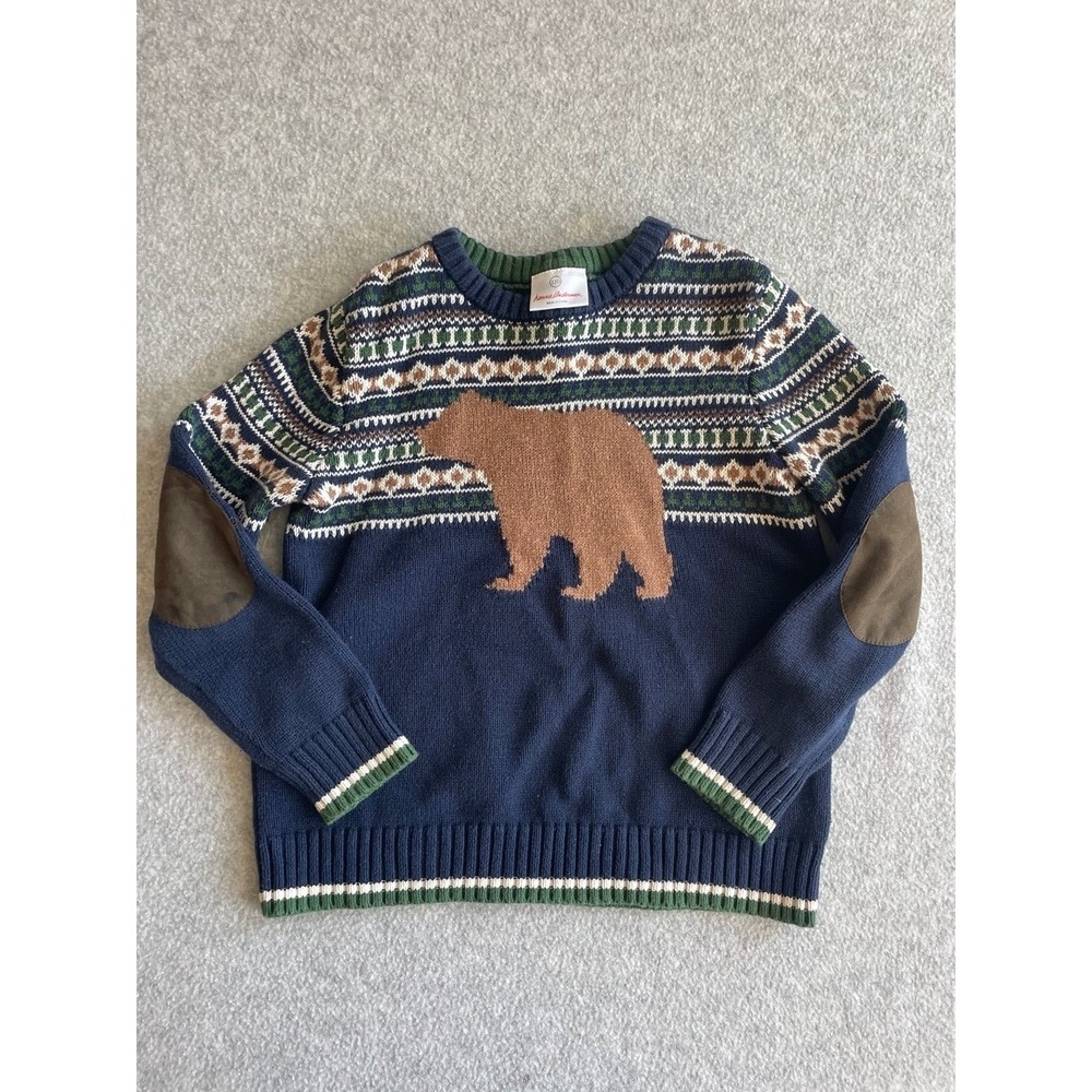 Hanna Andersson Boys Navy Bear Fair Isle Cotton Sweater Elbow Patches Size 110 5